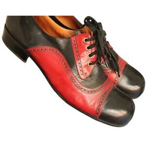Vintage 60s 70s Red Black Leather Cap Toe Oxfords Brogues Men 12 Italy Retro